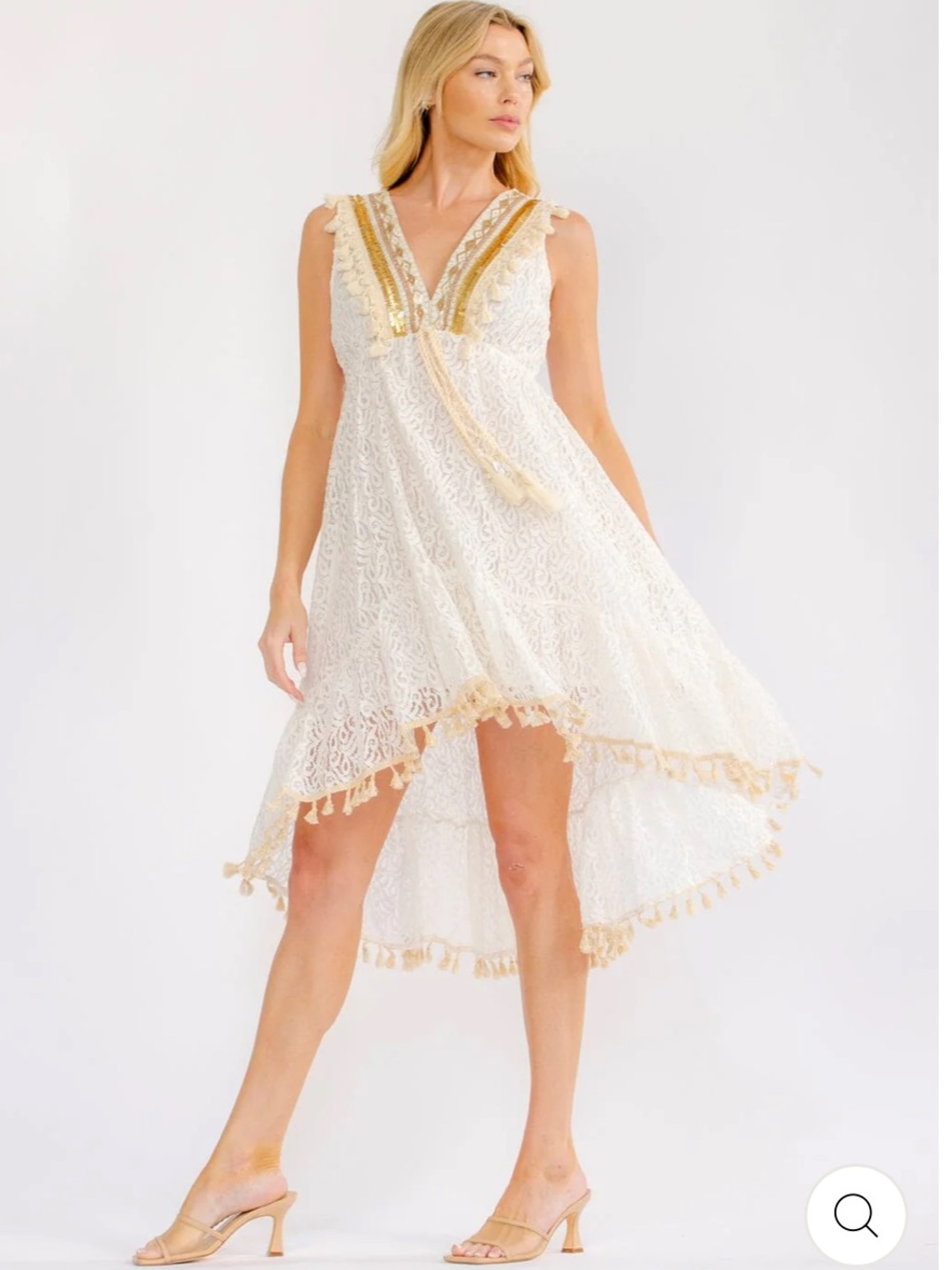 Y901. New Boho Lace Tassel High-Low Dress in Ivory cotton